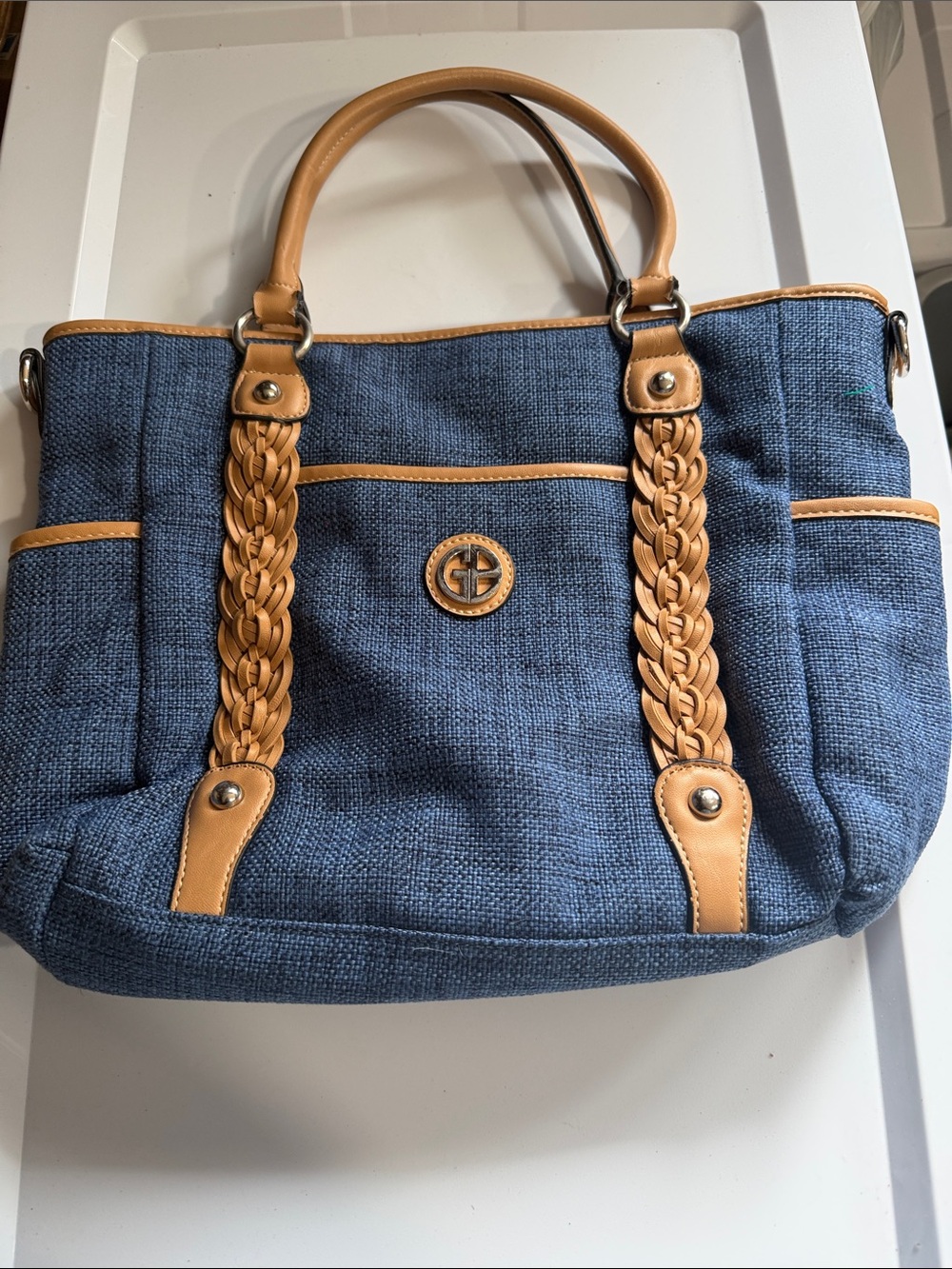 Blue Canvas Tote with Tan Braided Handles - Casual Women's Bag‎